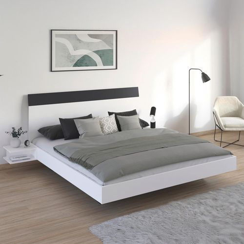 Rauch Monza 6ft Queen Size Bed with 2 Hanging Bedside Table - Alpine White and Metallic Dark Grey