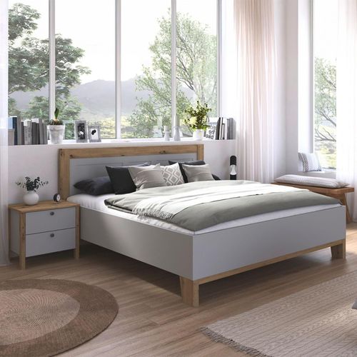 Rauch Credo 5ft King Size Bed with 2 Bedside Table - Silk Grey and Artisan Oak