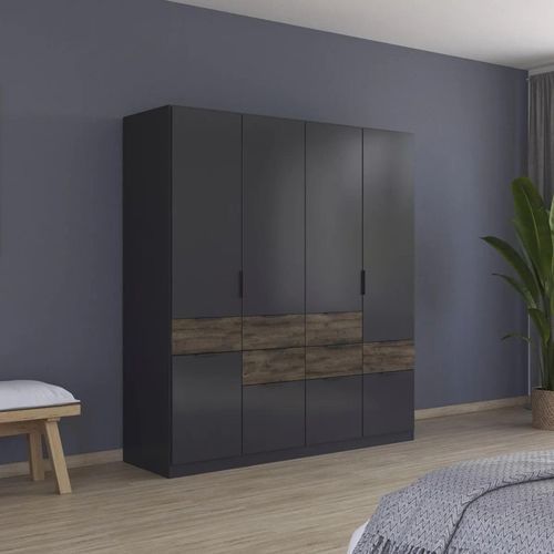 Rauch Mats 181cm 5 Door Wardrobe with Drawer - Metallic Dark Grey and Atlantic Dark Oak