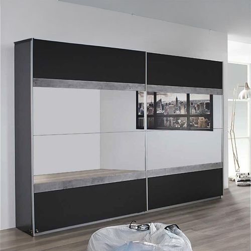 Rauch Penzberg 271cm 2 Door Sliding Wardrobe with Mirror - Metallic Dark Grey and Stone Grey