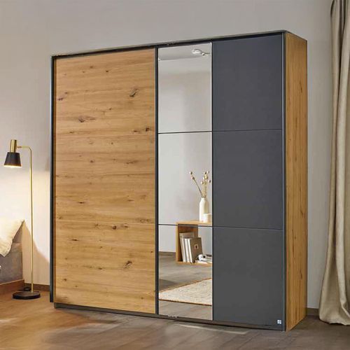 Rauch Slide 175cm 2 Door Sliding Wardrobe with Mirror - Artisan Oak and Metallic Dark Grey