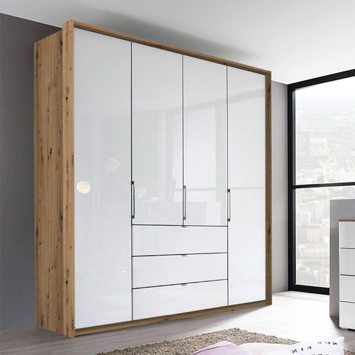 Rauch Erimo 204cm 4 Door Wardrobe with 3 Drawer - Artisan Oak and Crystal White Glass