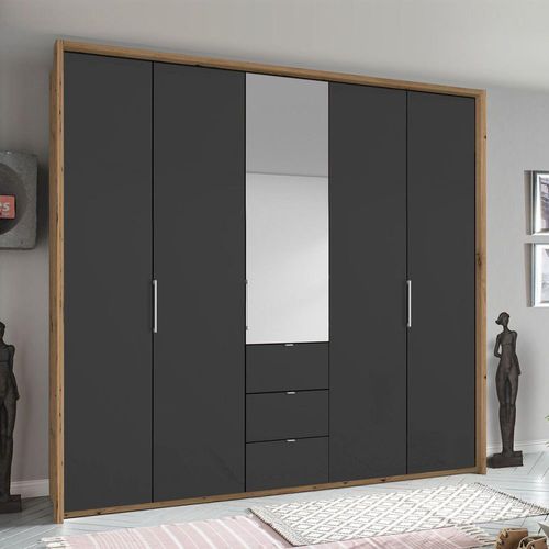 Rauch Erimo 254cm 5 Door Combi Wardrobe with 3 Drawer - Artisan Oak and Basalt Glass