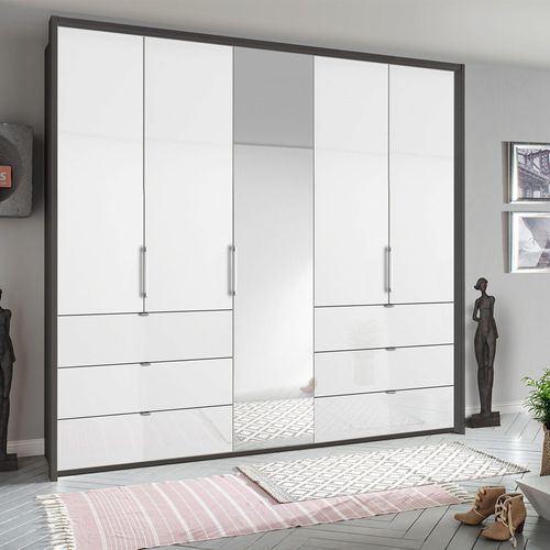Rauch Erimo 254cm 5 Door Combi Wardrobe with 6 Drawer - Graphite and Crystal White Glass