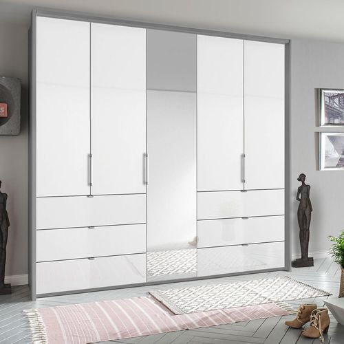 Rauch Erimo 254cm 5 Door Combi Wardrobe with 6 Drawer - Silk Grey and Crystal White Glass