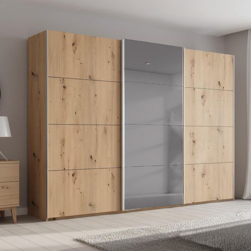 Rauch Beluga Extra 316cm 3 Door Sliding Wardrobe with Grey Mirror - Artisan Oak
