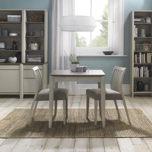 Bentley Designs Bergen Grey Washed Oak 2 to 4 Seater Extending Dining Table with 2 Low Slatted Back Titanium Fabric Chairs
