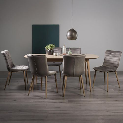 Bentley Designs Dansk Scandi Oak 6-8 Seater Extending Dining Table Set with 6 Eriksen Grey Velvet Chairs
