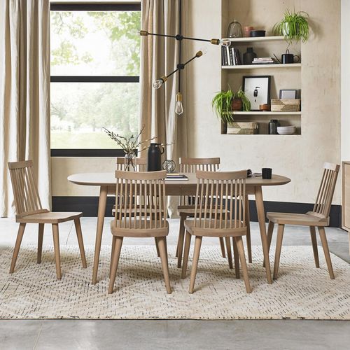 Bentley Designs Dansk Scandi Oak 6-8 Seater Extending Dining Table Set with 6 Ilva Spindle Chairs in Scandi Oak