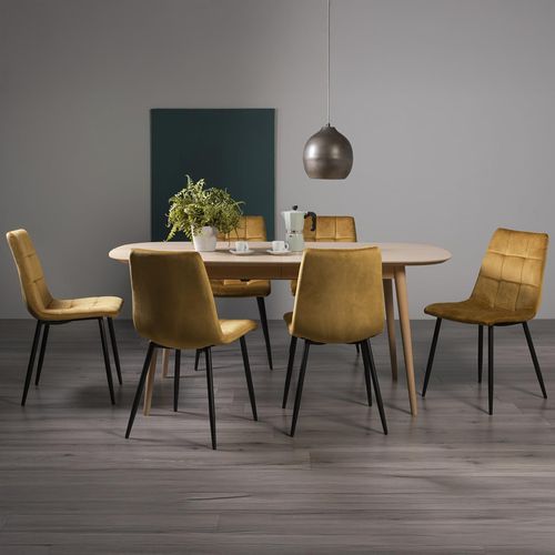 Bentley Designs Dansk Scandi Oak 6-8 Seater Extending Dining Table Set with 6 Mondrian Mustard Velvet Chairs