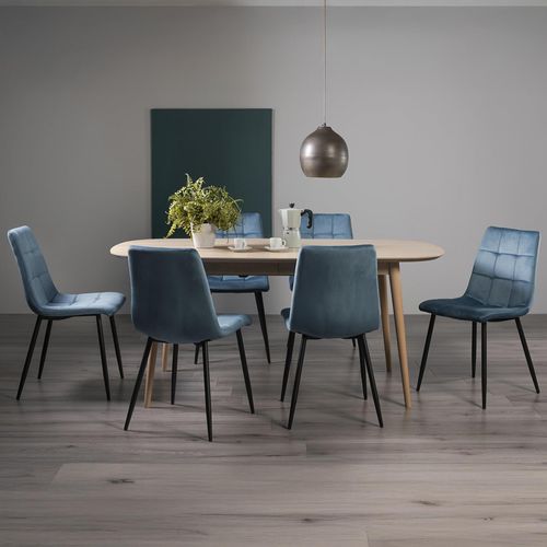 Bentley Designs Dansk Scandi Oak 6-8 Seater Extending Dining Table Set with 6 Mondrian Petrol Blue Velvet Chairs