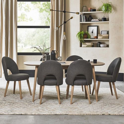 Bentley Designs Dansk Scandi Oak 6-8 Seater Extending Dining Table Set with 6 Upholstered Chairs in Cold Steel Fabric