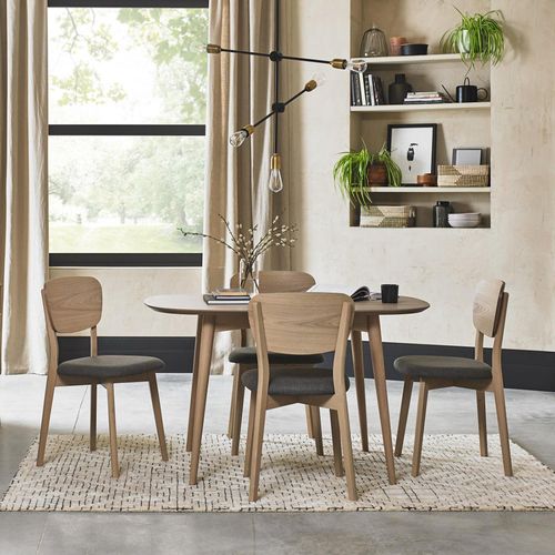 Bentley Designs Dansk Scandi Oak Dining Table Set with Cold Steel Fabric Veneer Back Chairs