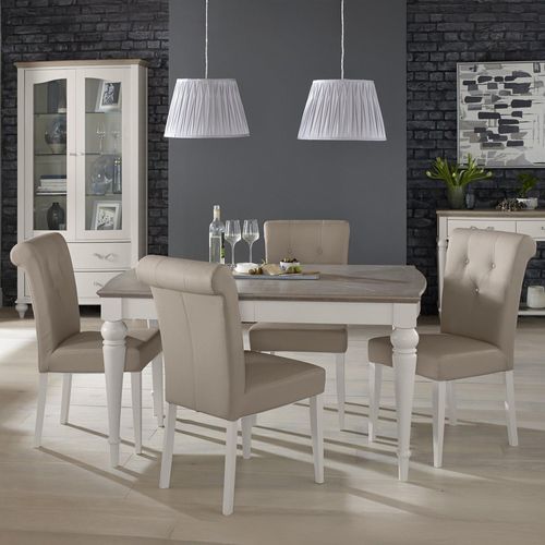 Bentley Designs Montreux Grey Washed Oak and Soft Grey 4 to 6 Seater Extending Dining Table with 4 Upholstered Grey Bonded Leather Chairs
