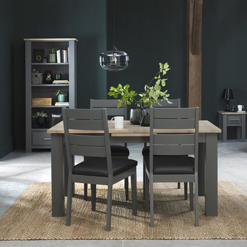 Bentley Designs Oakham Dark Grey and Scandi 4 to 6 Seater Extending Dining Table with 4 Dark Grey Chairs in Dark Grey Bonded Leather