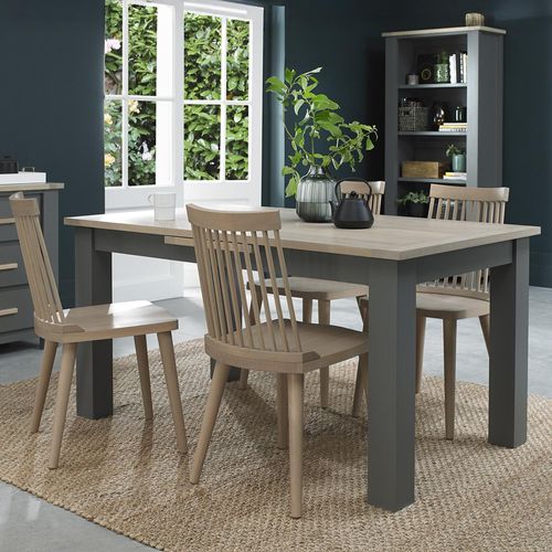 Bentley Designs Oakham Dark Grey and Scandi 4 to 6 Seater Extending Dining Table with 4 Ilva Spindle Chairs in Scandi Oak