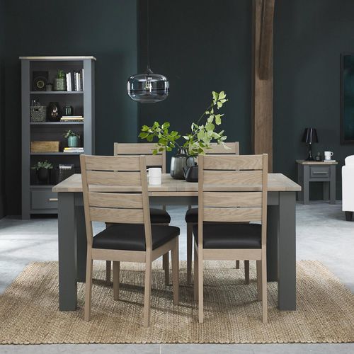Bentley Designs Oakham Dark Grey and Scandi 4 to 6 Seater Extending Dining Table with 4 Scandi Oak Chairs in Dark Grey Bonded Leather