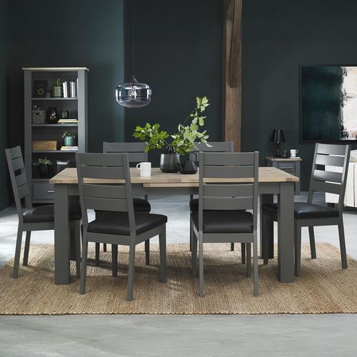 Bentley Designs Oakham Dark Grey and Scandi 6 to 8 Seater Extending Dining Table with 6 Dark Grey Chairs in Dark Grey Bonded Leather