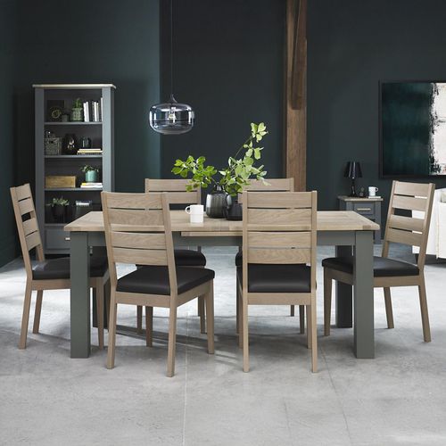 Bentley Designs Oakham Dark Grey and Scandi 6 to 8 Seater Extending Dining Table with 6 Scandi Oak Chairs in Dark Grey Bonded Leather