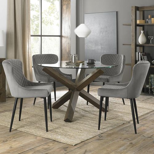 Bentley Designs Turin Glass 4 Seater Round Dining Table Dark Oak Legs with 4 Cezanne Grey Velvet Chairs - Black Legs