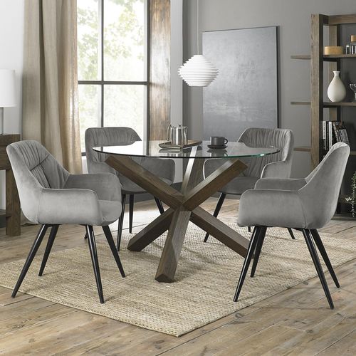 Bentley Designs Turin Glass 4 Seater Round Dining Table Dark Oak Legs with 4 Dali Grey Velvet Chairs
