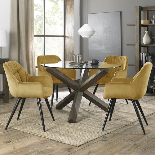 Bentley Designs Turin Glass 4 Seater Round Dining Table Dark Oak Legs with 4 Dali Mustard Velvet Chairs