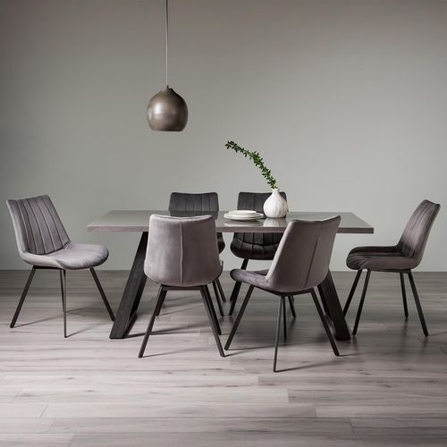 Bentley Designs Hirst Grey Painted Glass 6 Seater Dining Table with 6 Fontana Grey Velvet Chairs