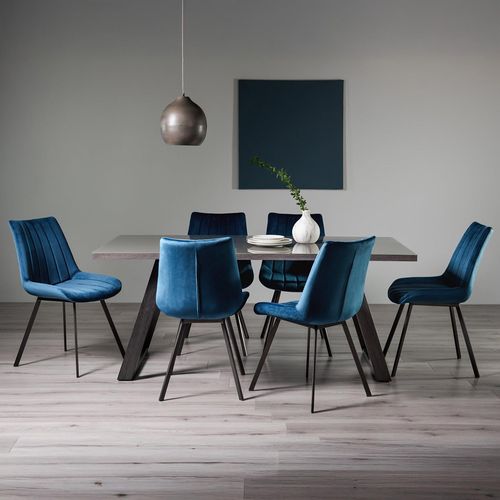 Bentley Designs Hirst Grey Painted Glass 6 Seater Dining Table with 6 Fontana Blue Velvet Chairs