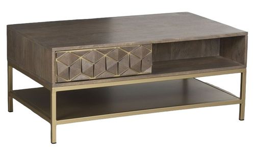 Elyse Mango Wood Coffee Table with Shelf - Geomatric