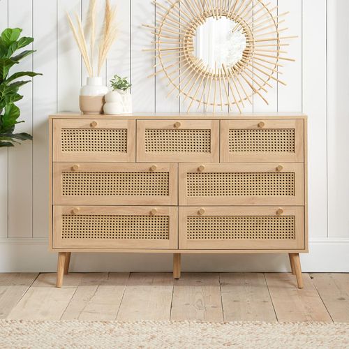 Croxley Oak and Rattan Wide 7 Drawer Chest