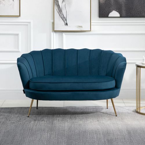 Ariel Blue Velvet Fabric 2 Seater Sofa with Gold Legs