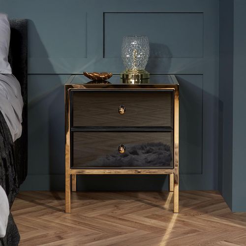Fenwick Black Glass 2 Drawer Bedside Cabinet - Gold Trim