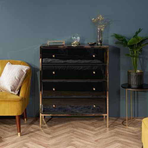 Fenwick Black Glass 4 Drawer Chest - Gold Trim