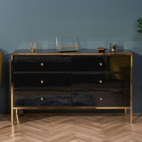 Fenwick Black Glass 6 Drawer Wide Chest - Gold Trim