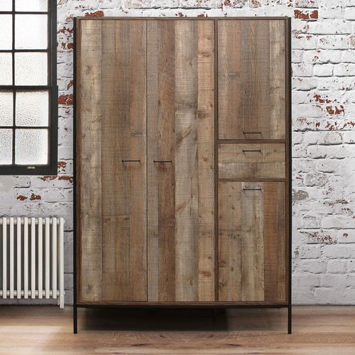 Urban Industrial Style Rustic Wood Effect 4 Door Wardrobe