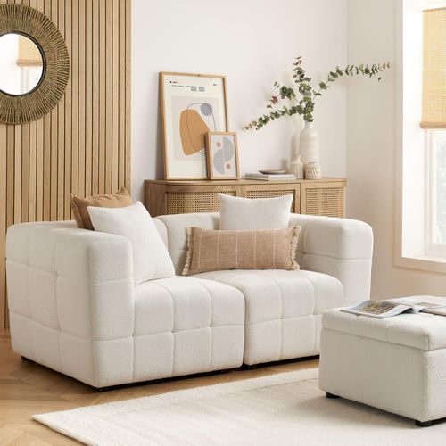 Milo White Boucle Fabric 2 Seater Sofa with Ottoman Footstool
