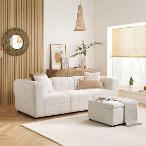 Milo White Boucle Fabric 3 Seater Sofa with Ottoman Footstool