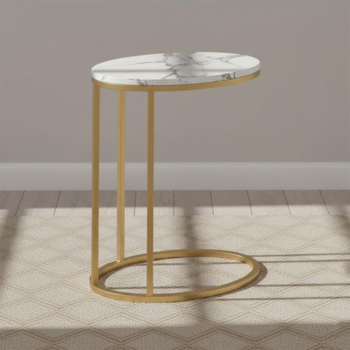 Marmora White Marble and Gold Oval C Side Table