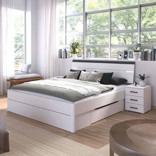 Rauch Corvo 6ft Queen Size Bed with 2 Bedside Cabinet - Alpine White and Metallic Dark Grey