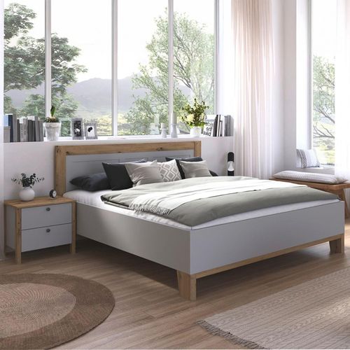 Rauch Credo 6ft King Size Bed with 2 Bedside Table - Silk Grey and Artisan Oak