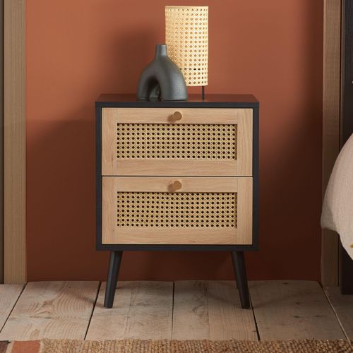 Croxley Black and Rattan 2 Drawer Bedside Table