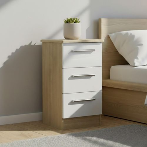 Knightsbridge White Gloss and Light Oak 3 Drawer Bedside Cabinet