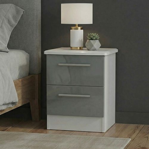 Knightsbridge Bedside Cabinet - 2 Drawer - Grey Gloss and White