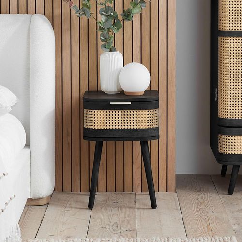 Noah Curved Bedside Table - 1 Drawer - Black and Rattan