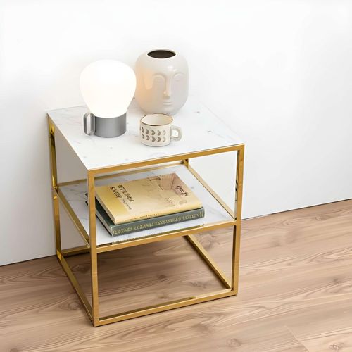 Alisma Bedside Table - White Marble and Gold Metal