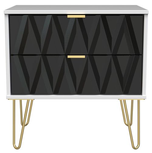 Diamond Black and White 2 Drawer Midi Bedside Cabinet with Gold Hairpin Legs