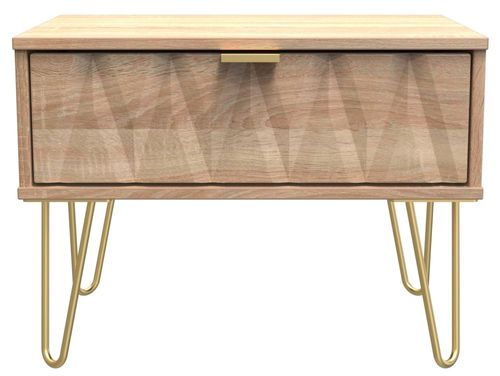 Diamond Oak Effect 1 Drawer Midi Bedside Table with Gold Hairpin Legs
