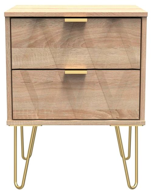 Diamond Oak Effect 2 Drawer Bedside Cabinet with Gold Hairpin Legs