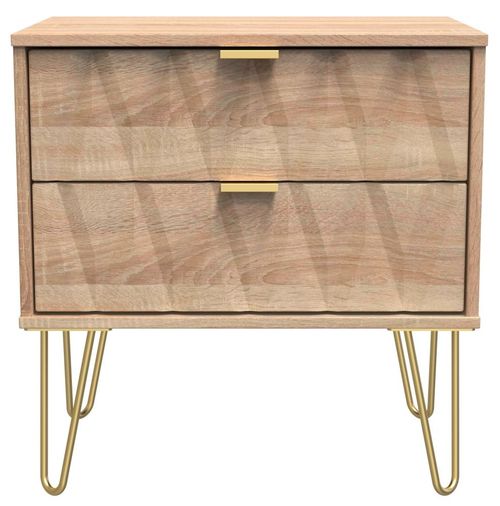 Diamond Oak Effect 2 Drawer Midi Bedside Cabinet with Gold Hairpin Legs