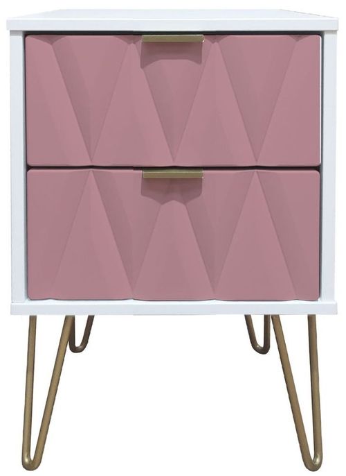 Diamond Pink and White 2 Drawer Bedside Cabinet with Gold Hairpin Legs